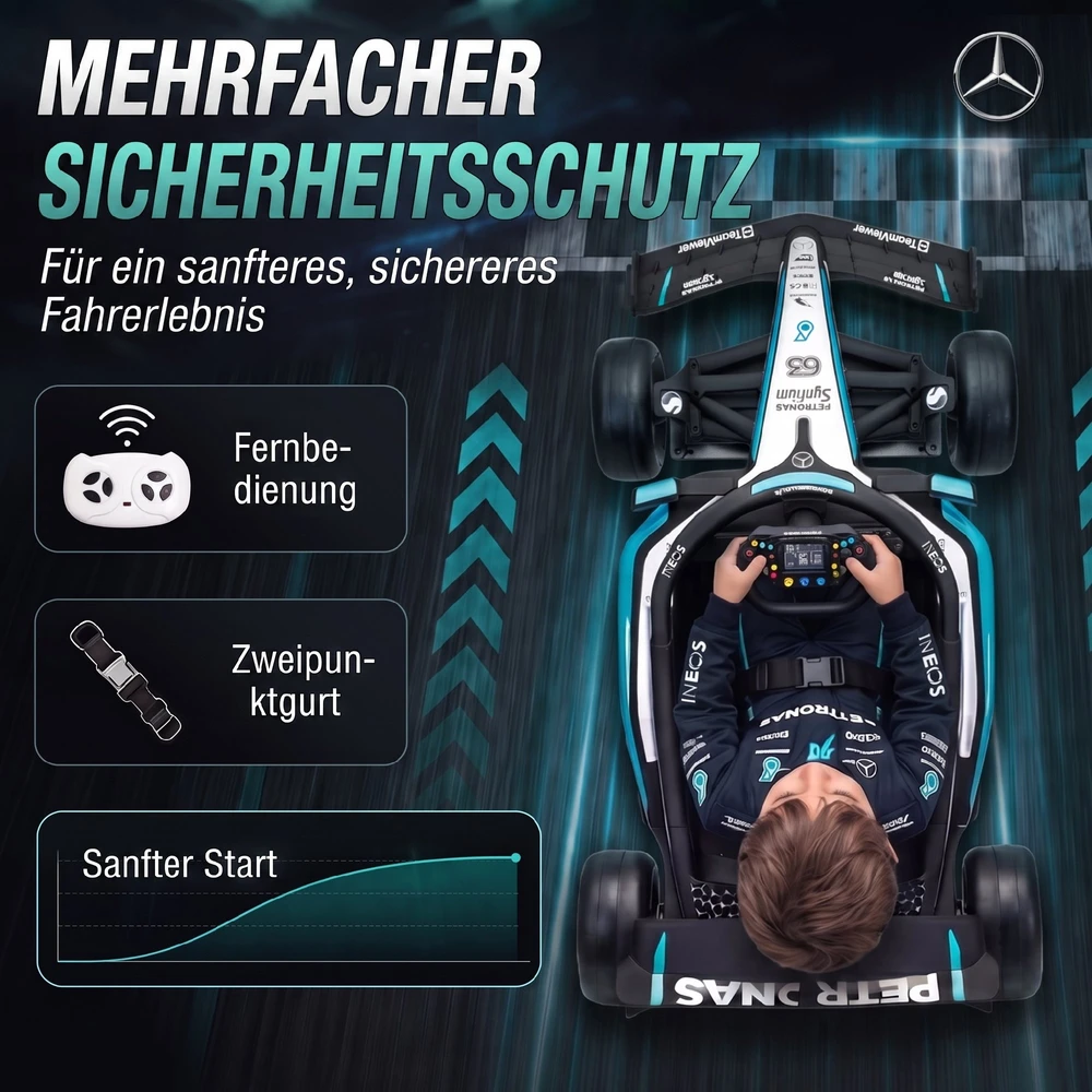 Elektrinis kartingas vaikams, licencijuotas Mercedes-AMG PETRONAS F1, su ličio akumuliatoriumi, juodas, sidabrinis ir mėlynas, 123 × 66 × 39 cm