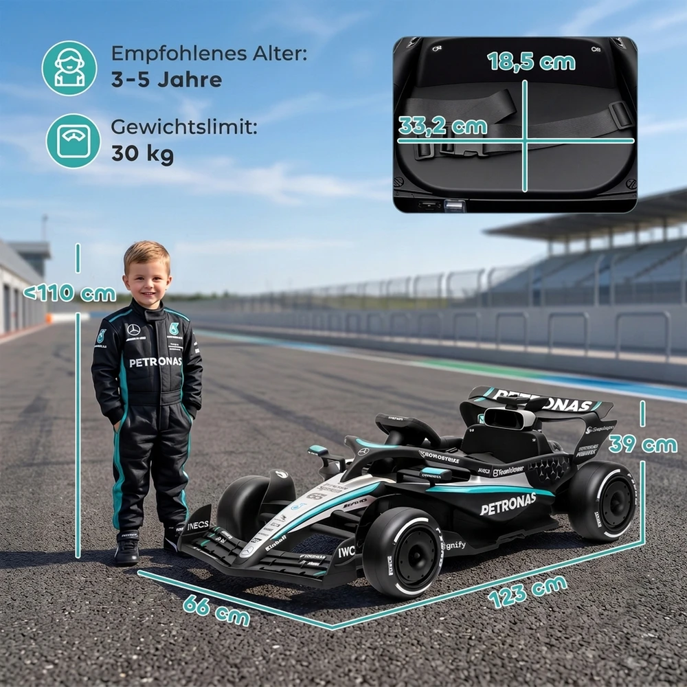 Elektrinis kartingas vaikams, licencijuotas Mercedes-AMG PETRONAS F1, su ličio akumuliatoriumi, juodas, sidabrinis ir mėlynas, 123 × 66 × 39 cm
