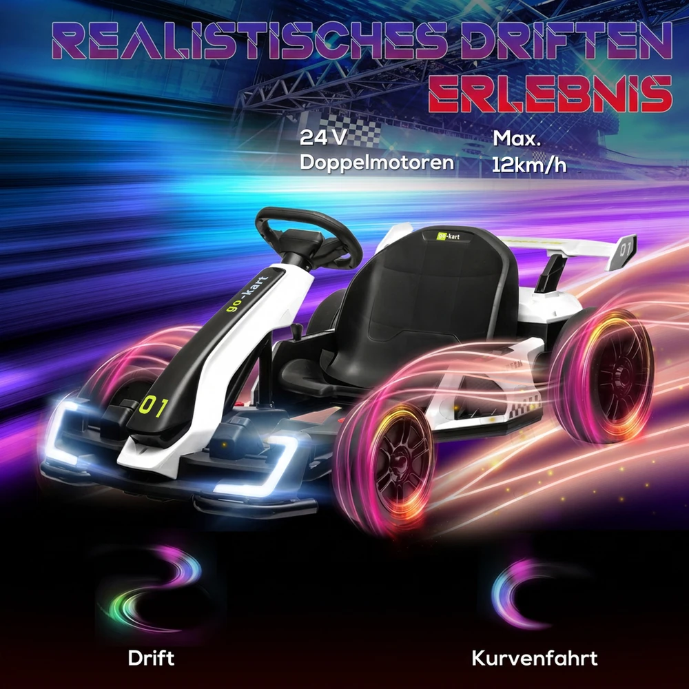 Elektrinis kartingas vaikams su 2 varikliais ir drifto režimu, baltas ir juodas, 120 × 76 × 53,5 cm
