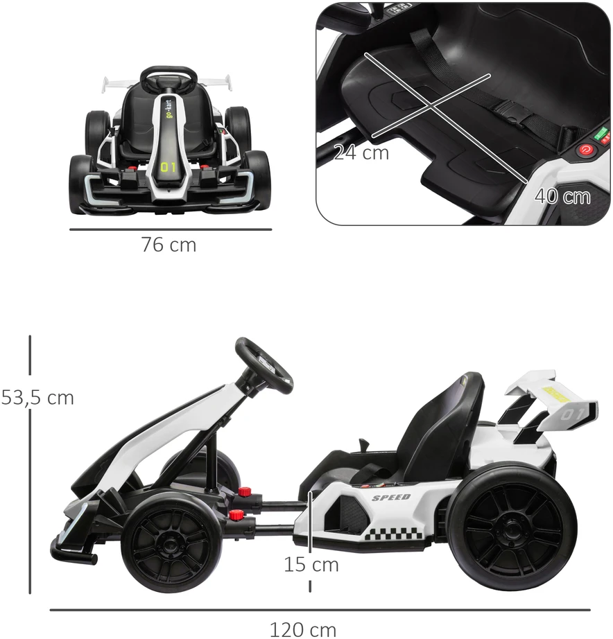 Elektrinis kartingas vaikams su 2 varikliais ir drifto režimu, baltas ir juodas, 120 × 76 × 53,5 cm