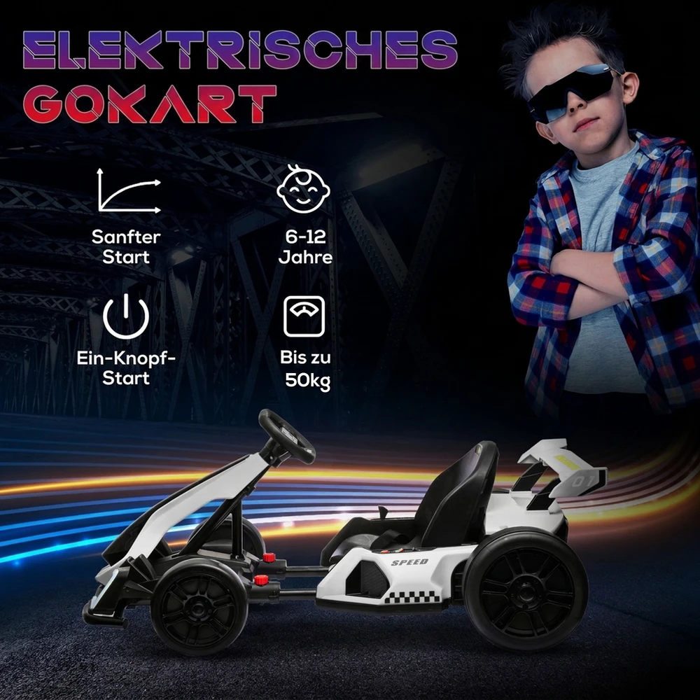 Elektrinis kartingas vaikams su 2 varikliais ir drifto režimu, baltas ir juodas, 120 × 76 × 53,5 cm