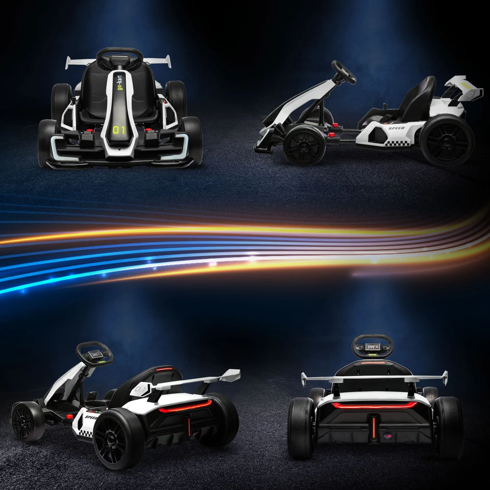 Elektrinis kartingas vaikams su 2 varikliais ir drifto režimu, baltas ir juodas, 120 × 76 × 53,5 cm