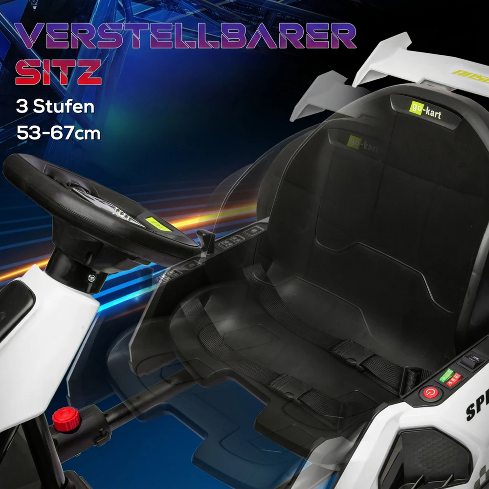 Elektrinis kartingas vaikams su 2 varikliais ir drifto režimu, baltas ir juodas, 120 × 76 × 53,5 cm