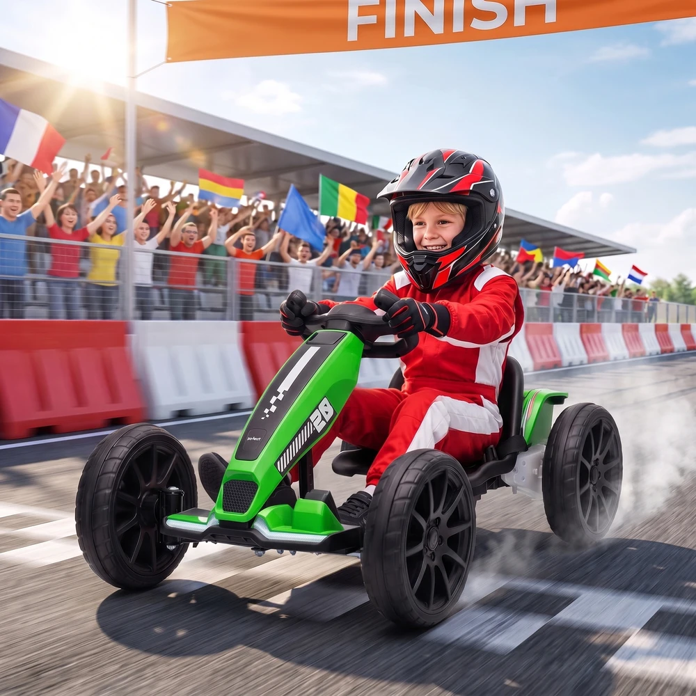 Elektrinis kartingas vaikams su reguliuojamu ilgiu ir dviem varikliais, žalias ir juodas, 98 × 55,5 × 46,5 cm