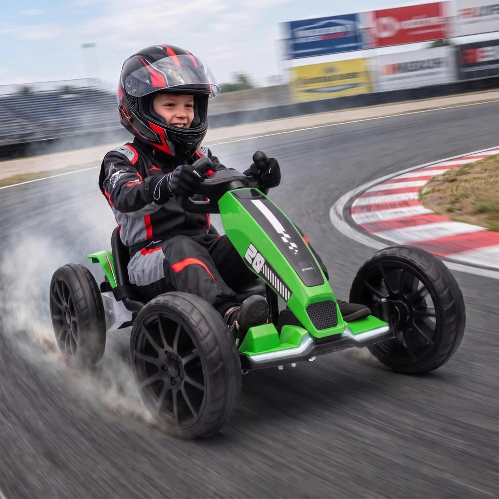 Elektrinis kartingas vaikams su reguliuojamu ilgiu ir dviem varikliais, žalias ir juodas, 98 × 55,5 × 46,5 cm