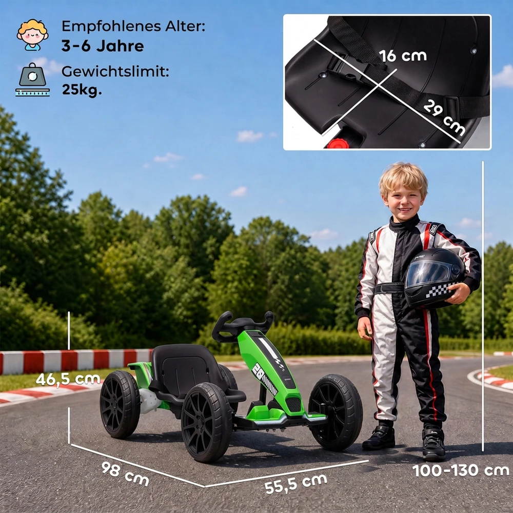 Elektrinis kartingas vaikams su reguliuojamu ilgiu ir dviem varikliais, žalias ir juodas, 98 × 55,5 × 46,5 cm