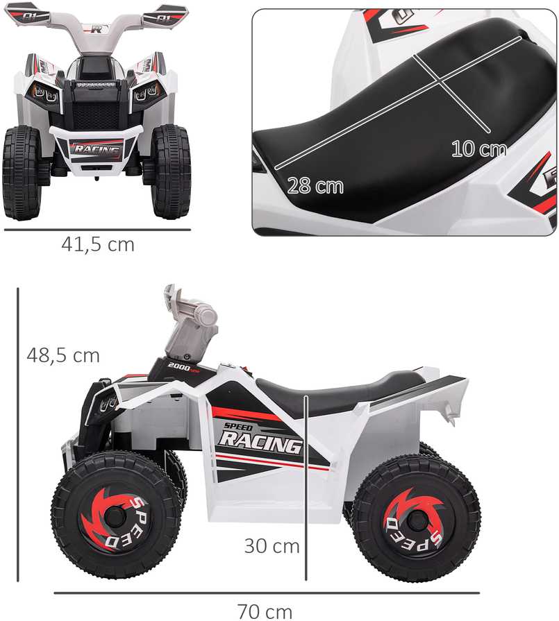 HOMCOM elektrinis vaikiškas keturratis, mini elektrinis keturratis su važiavimo pirmyn ir atgal funkcija, 6 V elektrinė transporto priemonė 1,5-3 metų vaikams, 2,5 km/val., baltos spalvos