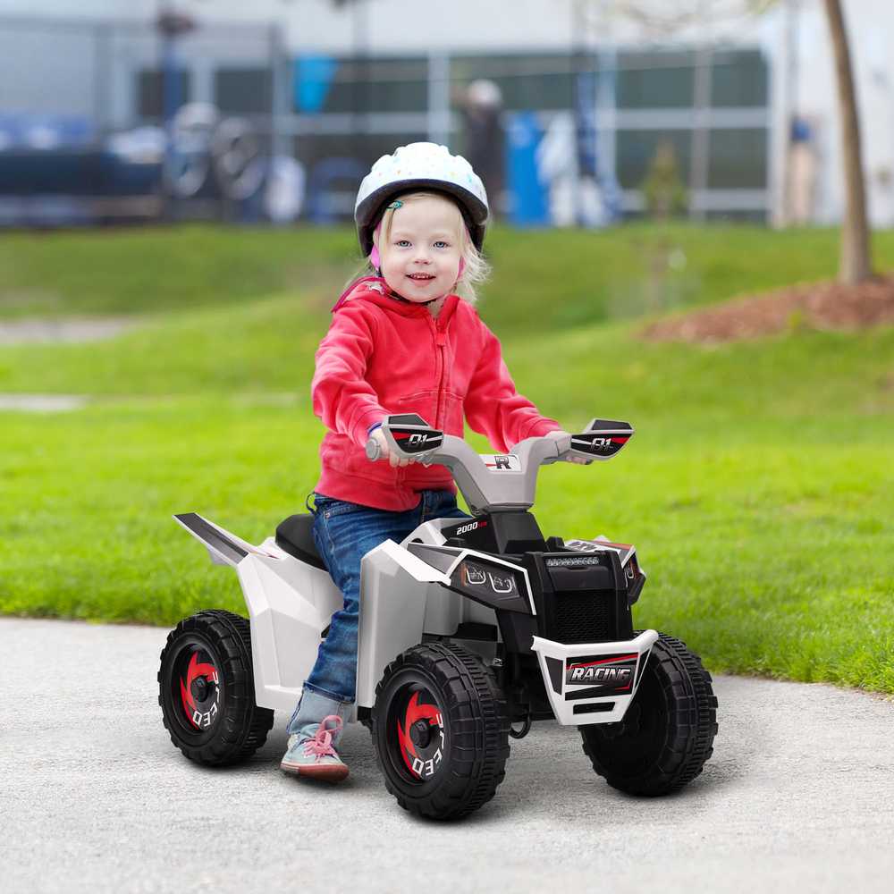 HOMCOM elektrinis vaikiškas keturratis, mini elektrinis keturratis su važiavimo pirmyn ir atgal funkcija, 6 V elektrinė transporto priemonė 1,5-3 metų vaikams, 2,5 km/val., baltos spalvos