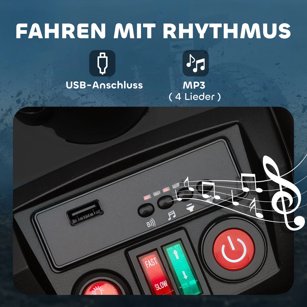 AIYAPLAY vaikiškas elektrinis keturratis, 24 V elektromobilis su 4 ratais, priekiniais žibintais, USB jungtimi, MP3 funkcija, 6,5 km/val., 3–8 metai