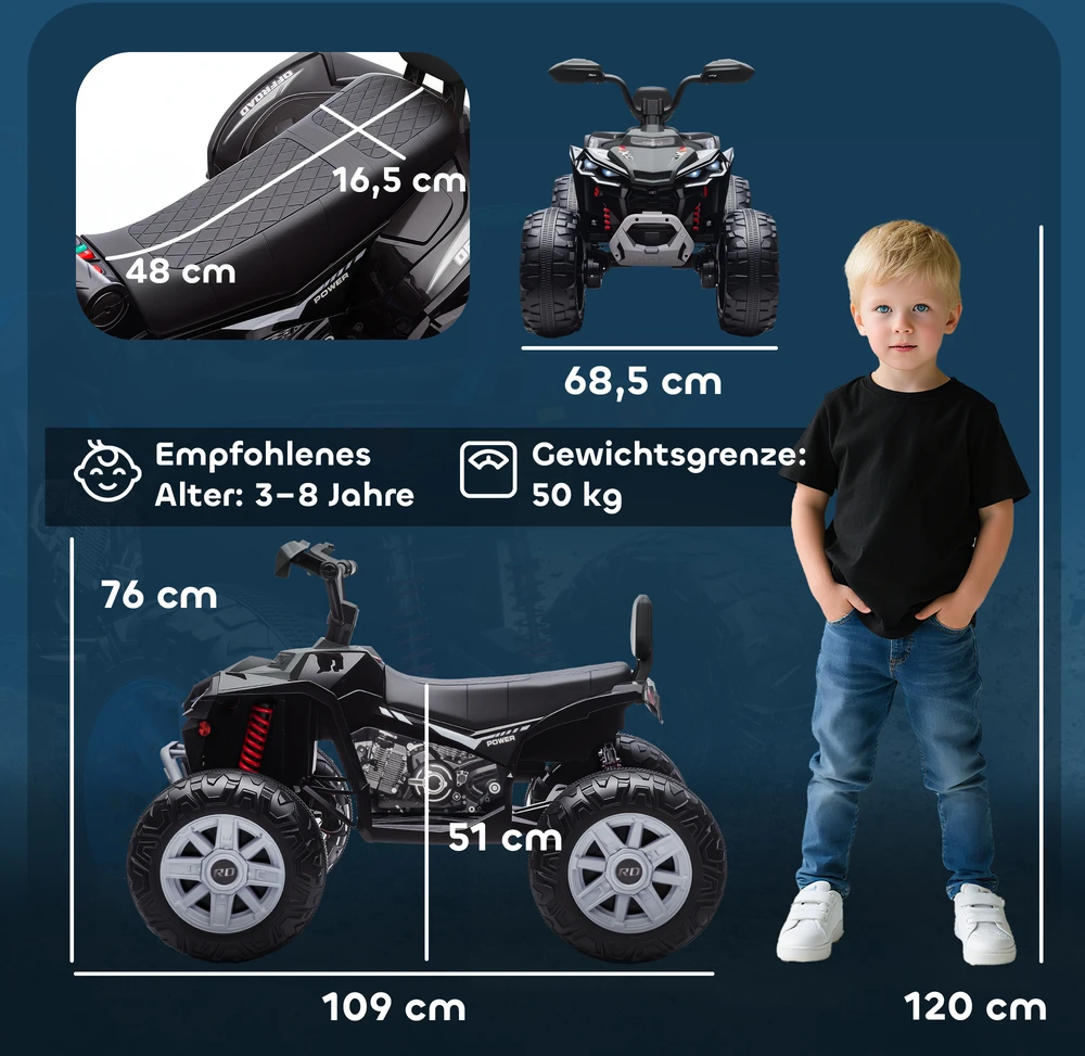 AIYAPLAY vaikiškas elektrinis keturratis, 24 V elektromobilis su 4 ratais, priekiniais žibintais, USB jungtimi, MP3 funkcija, 6,5 km/val., 3–8 metai