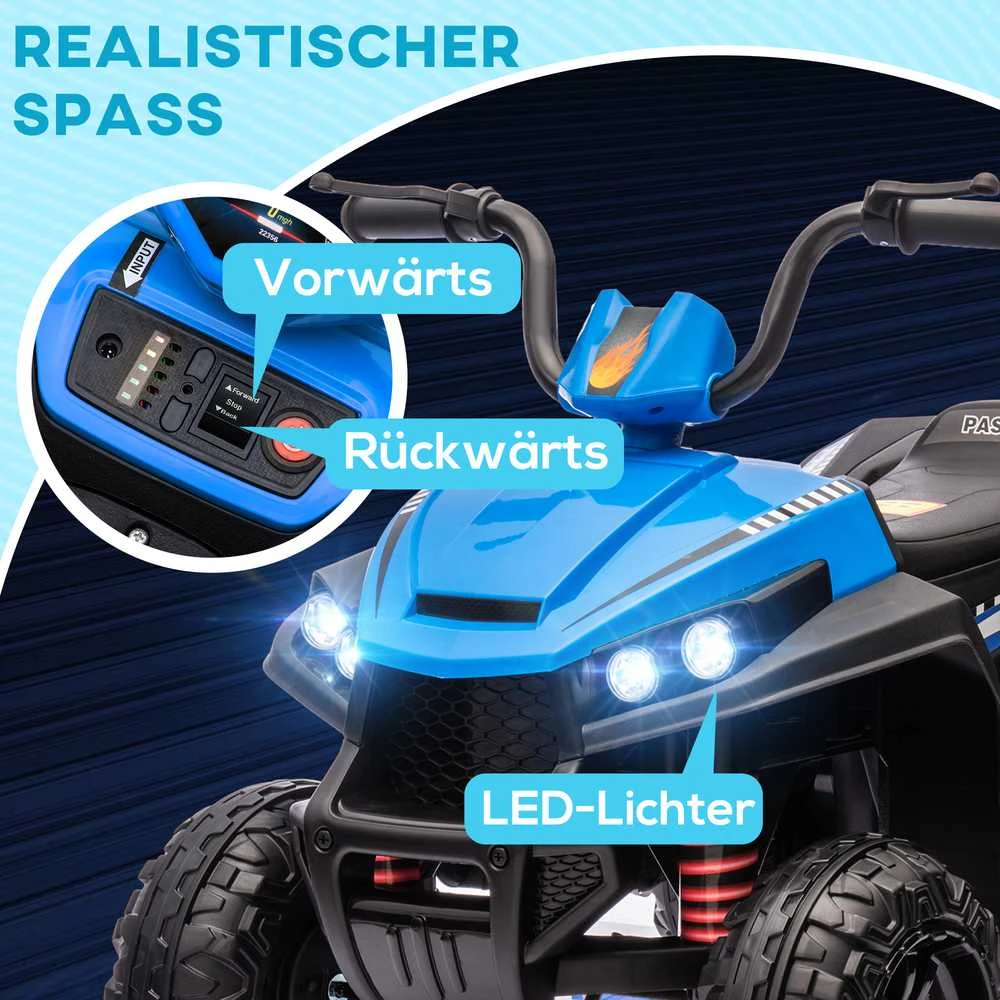 AIYAPLAY elektrinis keturratis vaikams 12V, su 4 ratų pakaba, MP3 muzikos grotuvu, priekiniais žibintais, atbuline eiga, 3-5 metų vaikams, 5 km/h, metalinis, mėlynas