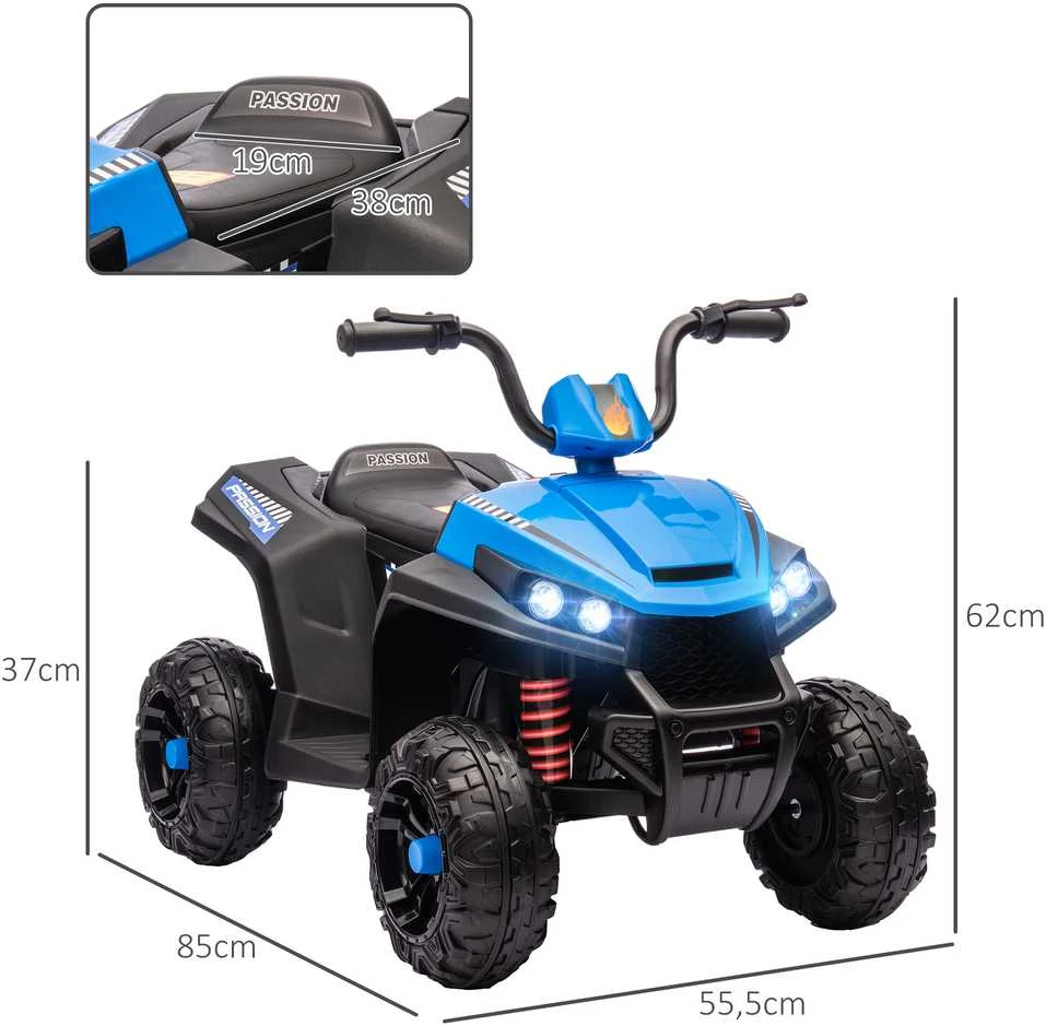 AIYAPLAY elektrinis keturratis vaikams 12V, su 4 ratų pakaba, MP3 muzikos grotuvu, priekiniais žibintais, atbuline eiga, 3-5 metų vaikams, 5 km/h, metalinis, mėlynas