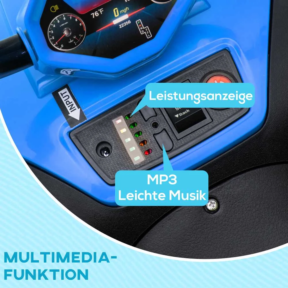 AIYAPLAY elektrinis keturratis vaikams 12V, su 4 ratų pakaba, MP3 muzikos grotuvu, priekiniais žibintais, atbuline eiga, 3-5 metų vaikams, 5 km/h, metalinis, mėlynas