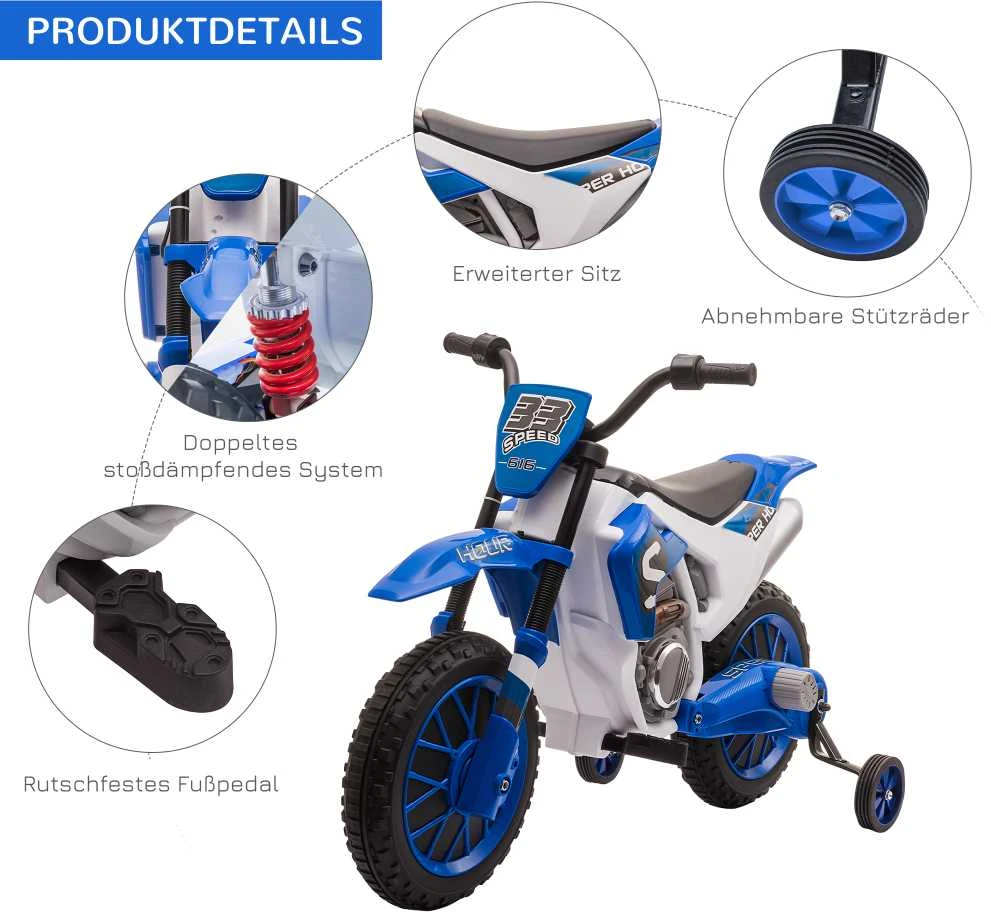 HOMCOM vaikiškas elektrinis motociklas 12V, su 2 nuimamais pagalbiniais ratukais, nuo 3 metų, PP metalas, mėlynas ir baltas