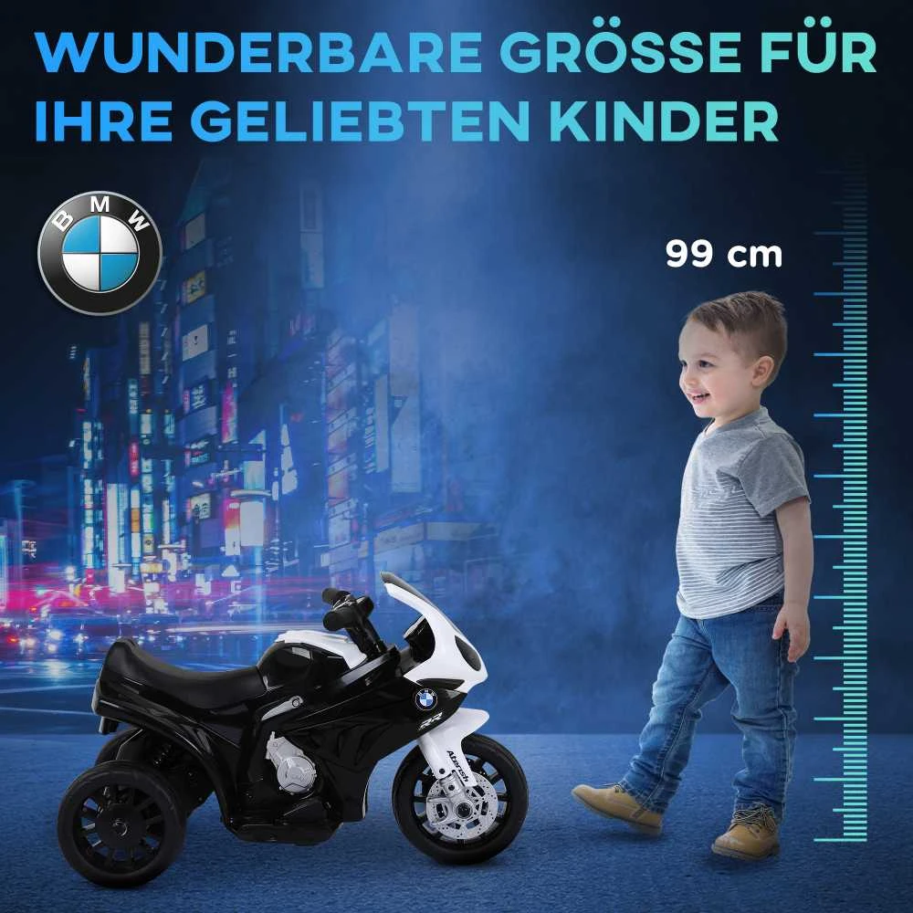 HOMCOM BMW S1000RR licencijuotas elektrinis vaikiškas motociklas, vaikiška transporto priemonė su akumuliatoriumi, triratis, plienas, juodas, 66x37x44 cm