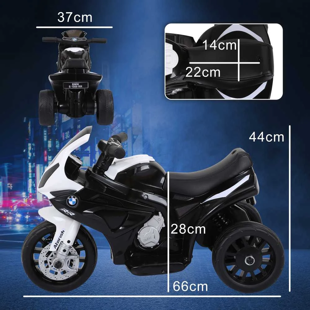 HOMCOM BMW S1000RR licencijuotas elektrinis vaikiškas motociklas, vaikiška transporto priemonė su akumuliatoriumi, triratis, plienas, juodas, 66x37x44 cm