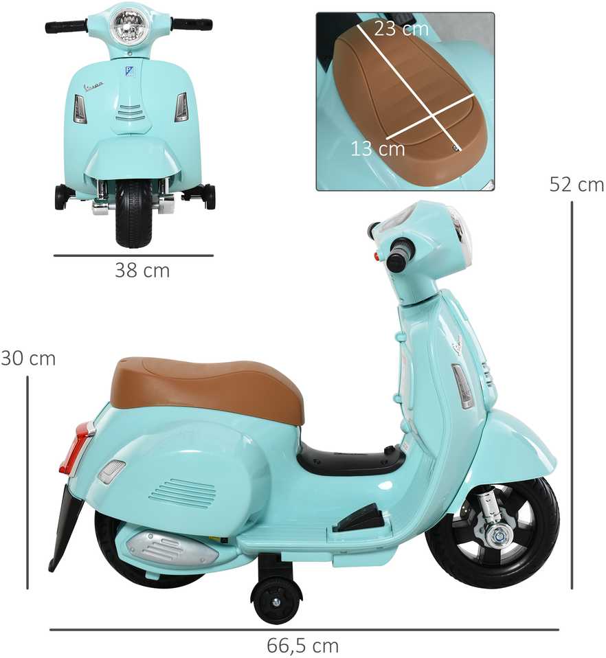 HOMCOM VESPA elektrinis vaikiškas motociklas, 18-36 mėn., 3 km/h, LED šviesos, garsas, plastikas/metalas, žalias, 66,5 x 38 x 52 cm
