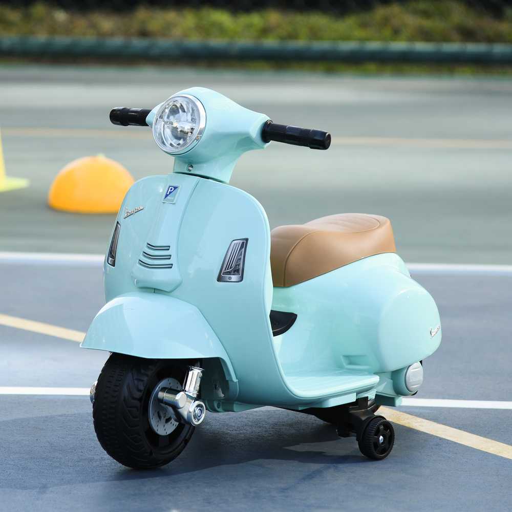 HOMCOM VESPA elektrinis vaikiškas motociklas, 18-36 mėn., 3 km/h, LED šviesos, garsas, plastikas/metalas, žalias, 66,5 x 38 x 52 cm