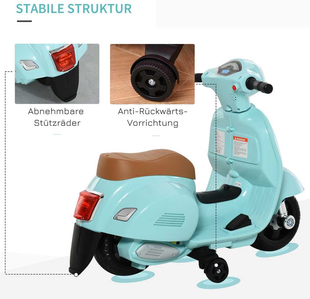 HOMCOM VESPA elektrinis vaikiškas motociklas, 18-36 mėn., 3 km/h, LED šviesos, garsas, plastikas/metalas, žalias, 66,5 x 38 x 52 cm