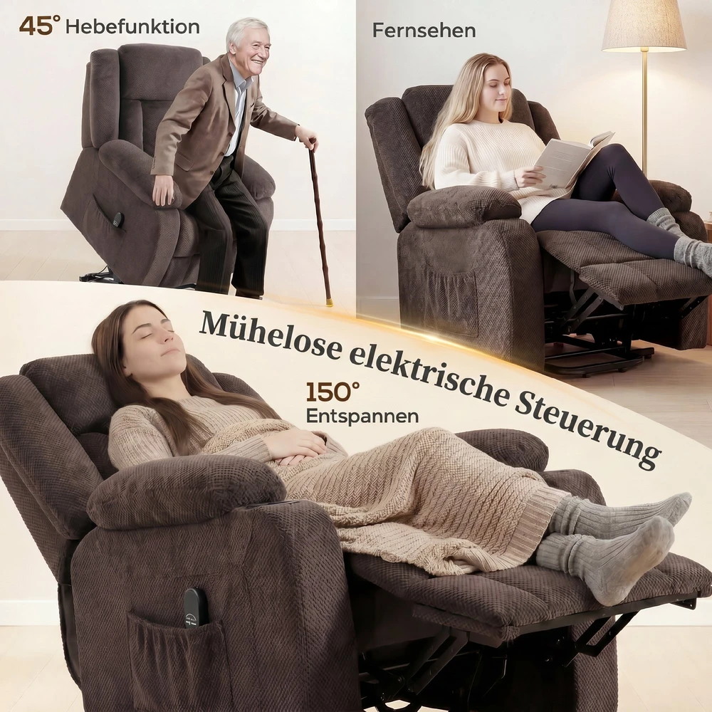 Elektrinis pakeliamas ir atlenkiamas fotelis 150°, rudas, 92 × 94 × 105 cm