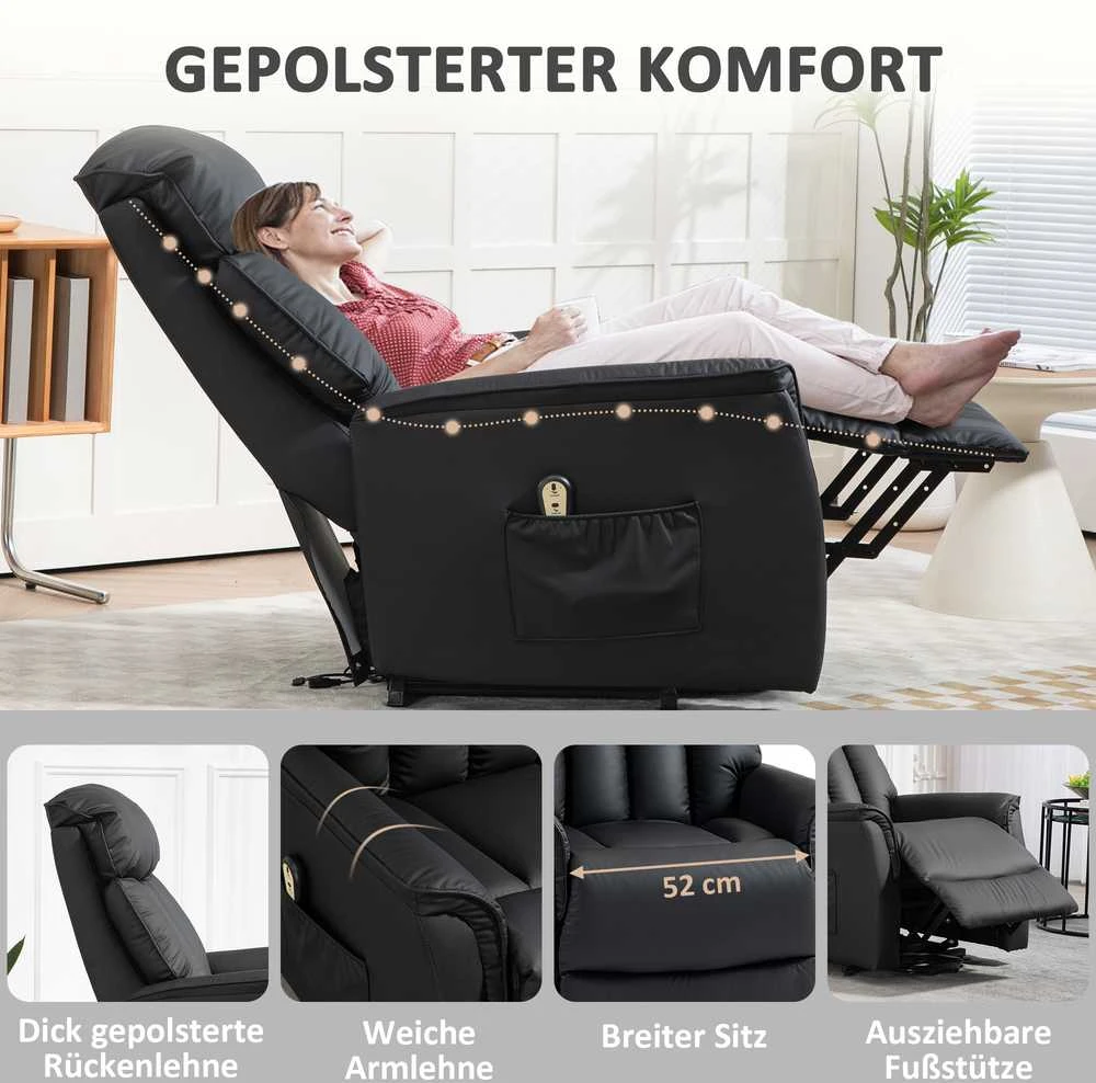 Fotelis HOMCOM Elektrinis poilsio krėslas su kėlimo funkcija, atlošimu, masažu, kojų atrama, šonine kišene, nuotoliniu pulteliu, svetainei, iki 150 kg, dirbtinė oda, juodas