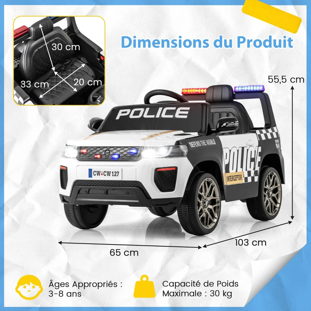 Elektrinis policijos automobilis 12V baltas