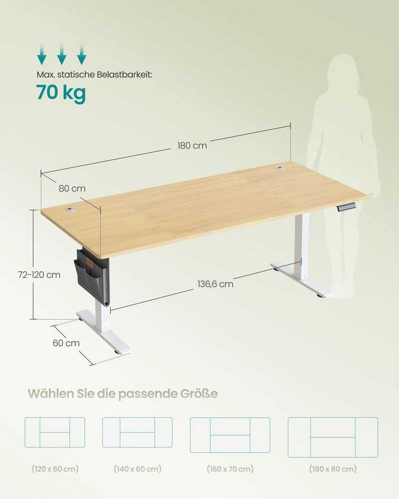 Songmics Reguliuojamo aukščio stalas 180 × 80 × (72–120) cm