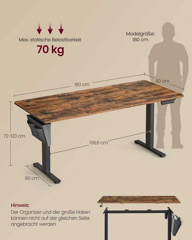 Songmics Reguliuojamo aukščio stalas 80 × 180 × (72–120) cm