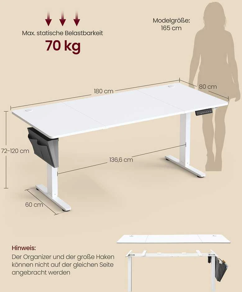 Songmics Reguliuojamo aukščio elektrinis rašomasis stalas 180 x 80 cm debesų spalvos