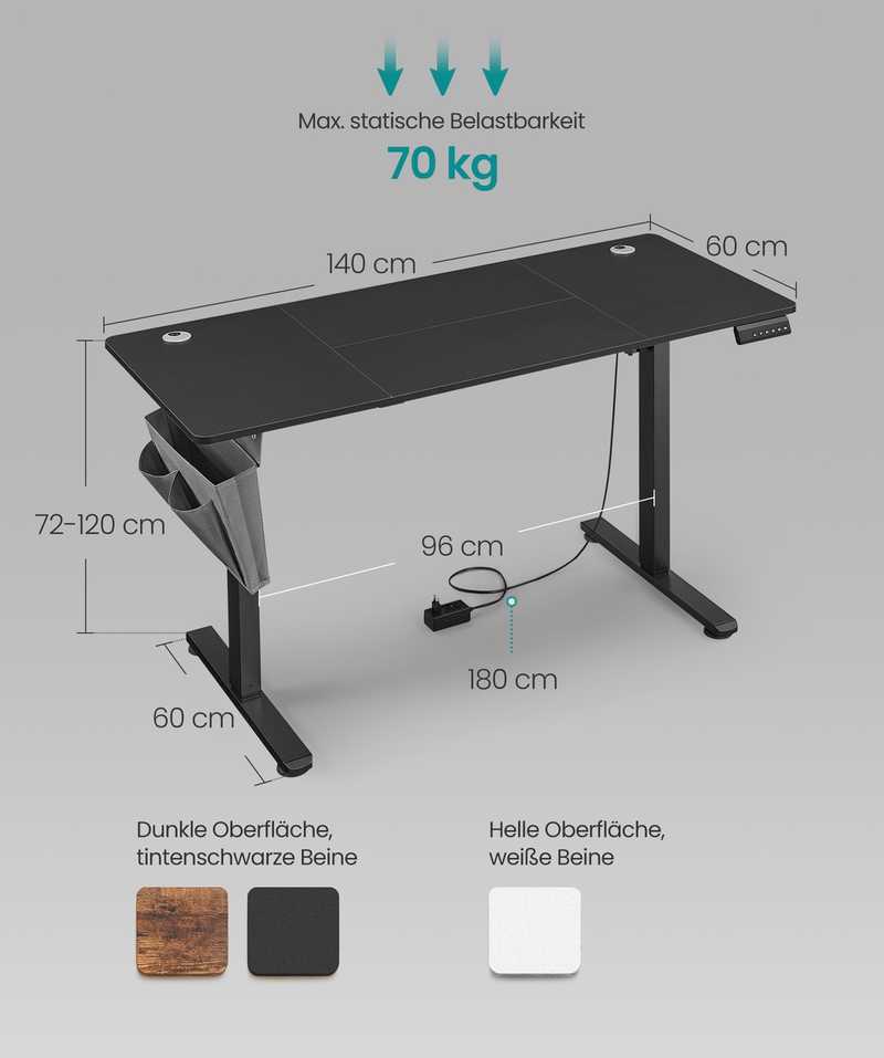 Songmics Reguliuojamo aukščio stalas 60 x 140 x (72–120) cm