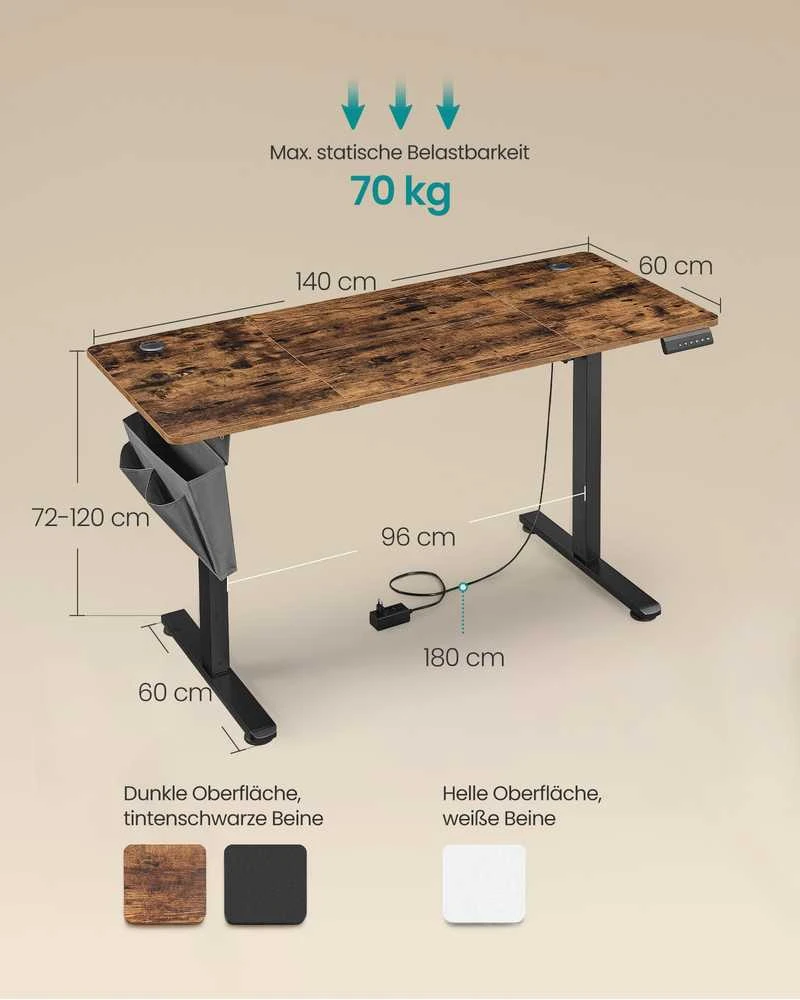 Songmics Reguliuojamo aukščio stalas 60 x 140 x (72–120) cm