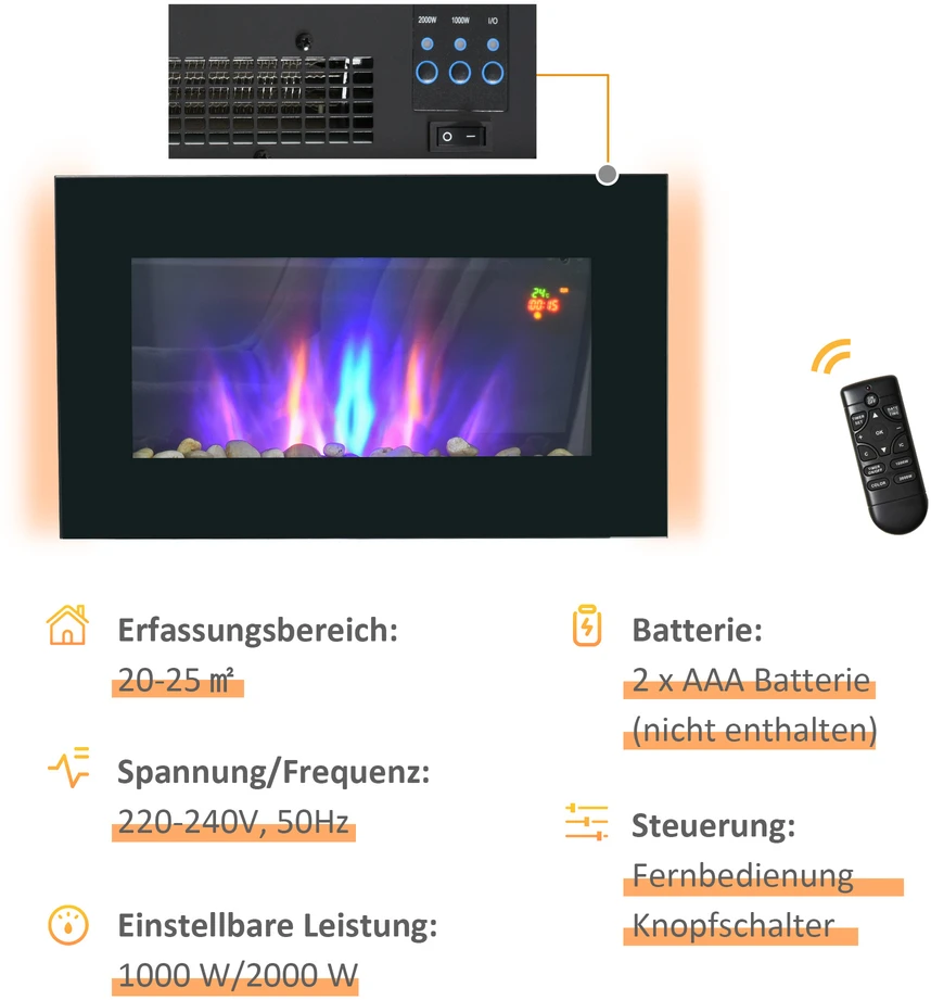 "HOMCOM" elektrinis židinys su LED liepsnos efektu, 1000/2000W 7 spalvų sieninis židinys, elektrinis židinys su nuotolinio valdymo pulteliu, montuojamas ant sienos, juodas