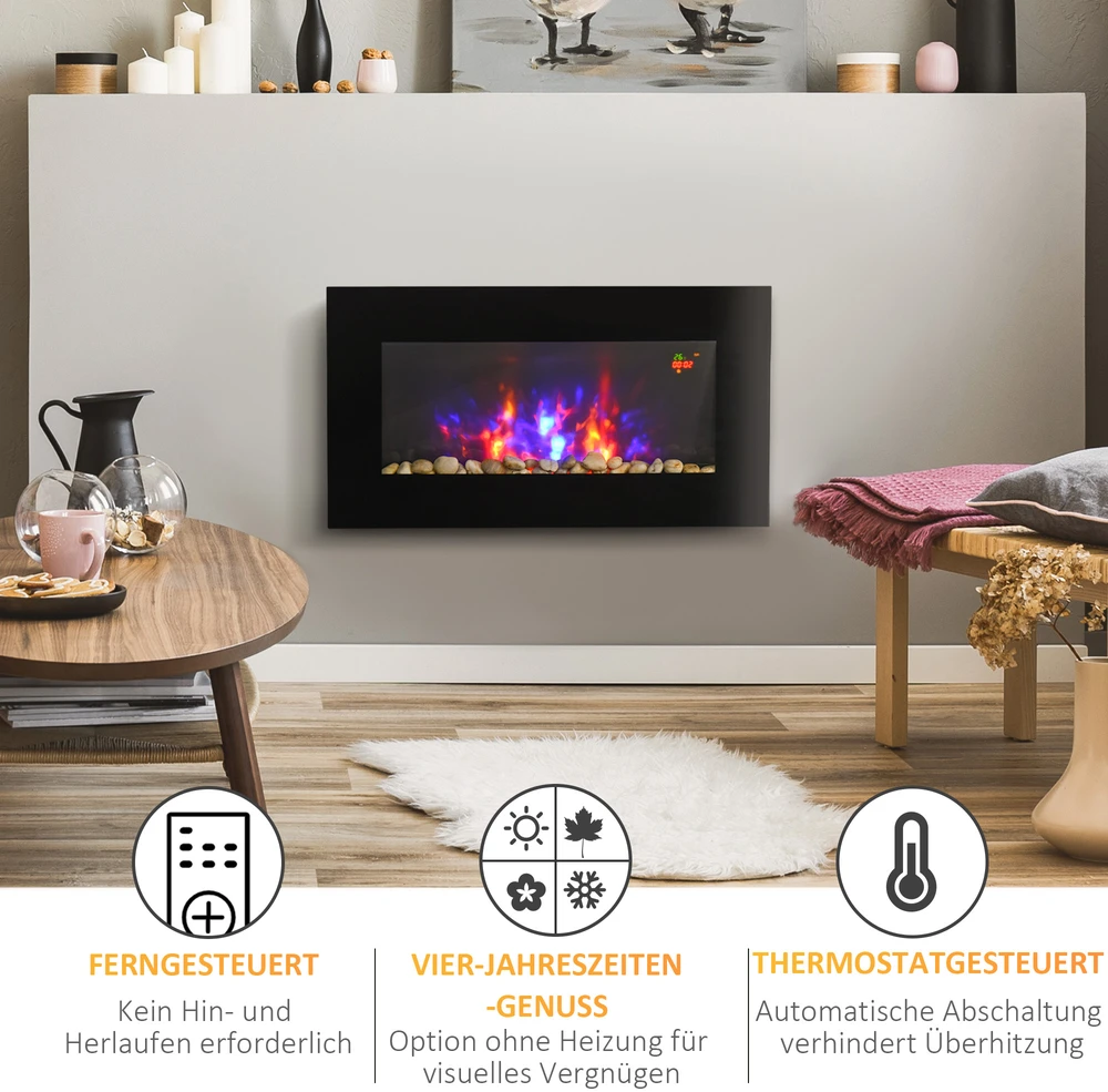 "HOMCOM" elektrinis židinys su LED liepsnos efektu, 1000/2000W 7 spalvų sieninis židinys, elektrinis židinys su nuotolinio valdymo pulteliu, montuojamas ant sienos, juodas