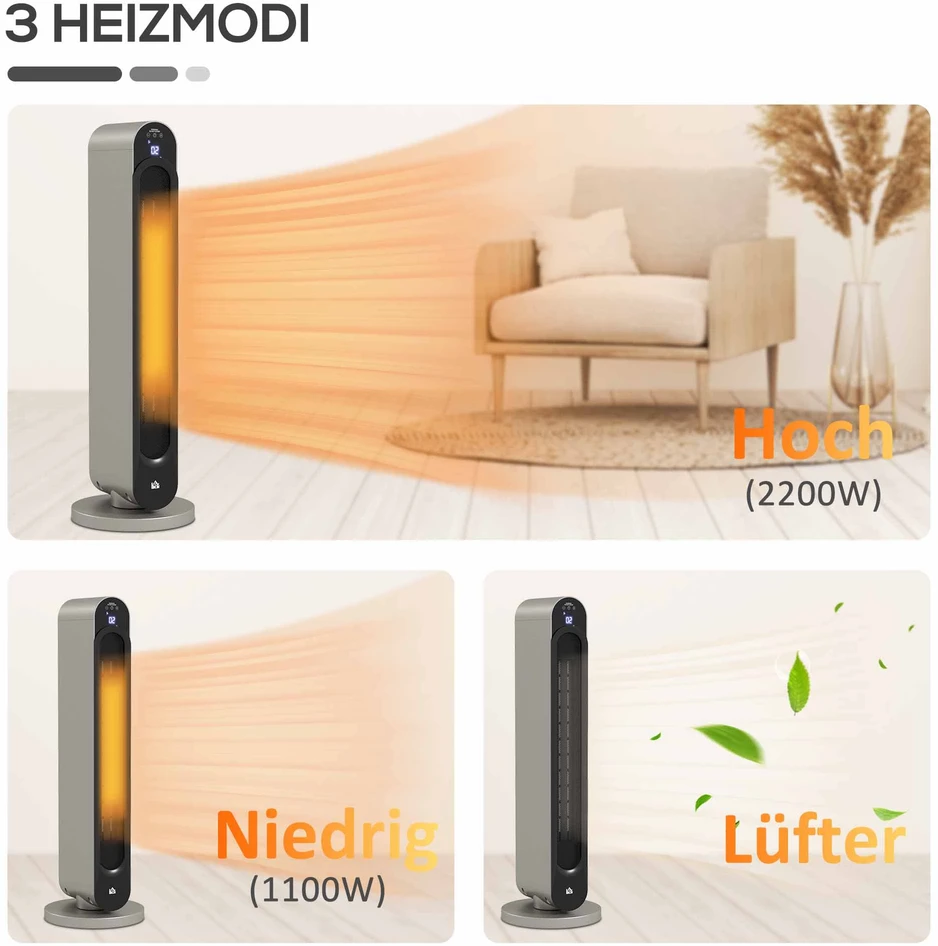 HOMCOM Elektrinis šildytuvas, 3 režimai, 12 valandų laikmatis, LED ekranas, pasukimo funkcija