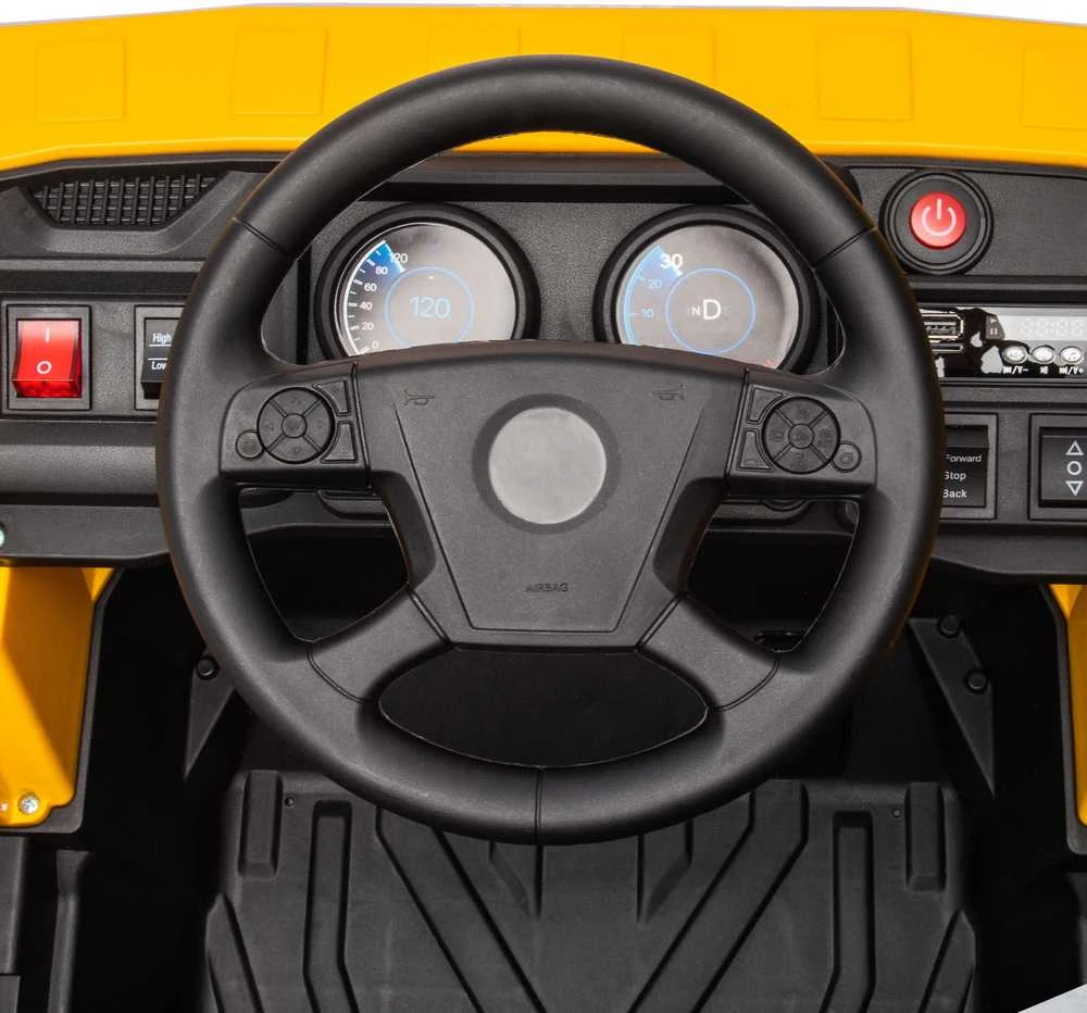 AIYAPLAY elektrinis traktorius su kaušu, 12 V vaikiškas sėdimas traktorius, vaikiškas elektromobilis su MP3 funkcija, vaikiška transporto priemonė su žibintais, 3-6 km/h, 3-5 metų vaikams, geltonas