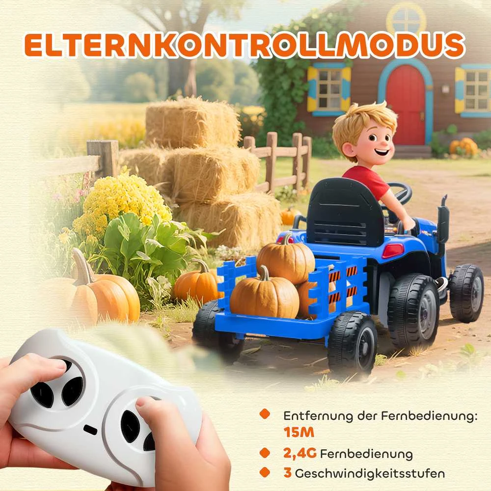 AIYAPLAY vaikiškas elektrinis traktorius, sėdimas traktorius su nuotolinio valdymo pulteliu, švelnus startas, vaikams nuo 3-8 metų, mėlynas