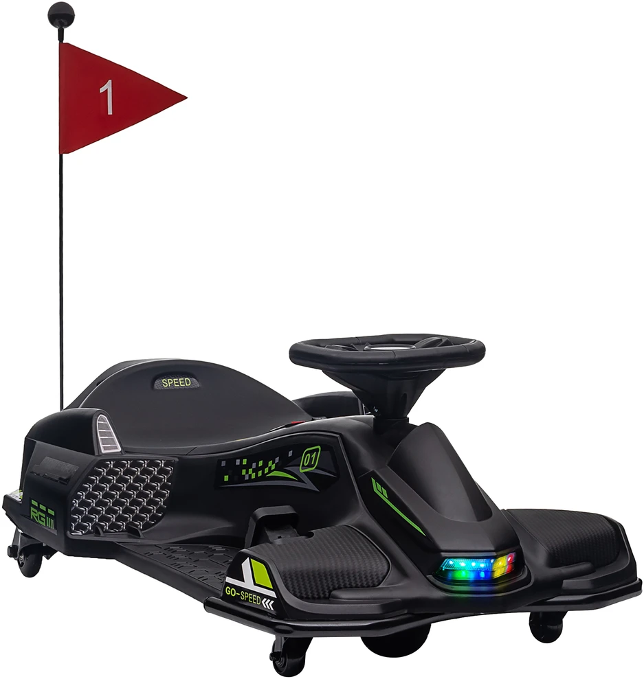 HOMCOM Vaikų Elektrinis Gokartas 12 V 3-8 km/h Drifto Kartas su Drifto režimu, Lėtuoju paleidimu, Gokartas su šviesomis, muzika, saugos diržu, vaikiška transporto priemonė 8-12 metų vaikams, juoda