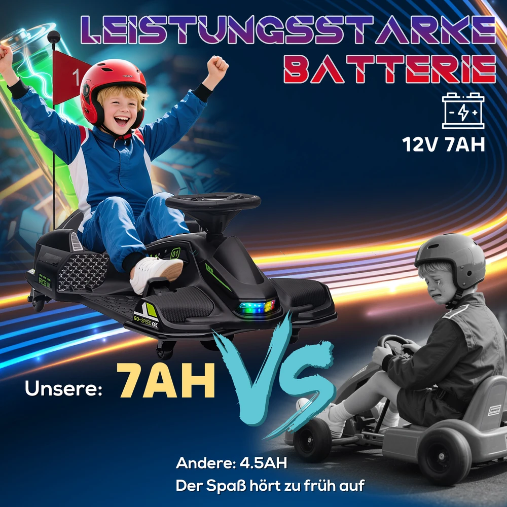 HOMCOM Vaikų Elektrinis Gokartas 12 V 3-8 km/h Drifto Kartas su Drifto režimu, Lėtuoju paleidimu, Gokartas su šviesomis, muzika, saugos diržu, vaikiška transporto priemonė 8-12 metų vaikams, juoda
