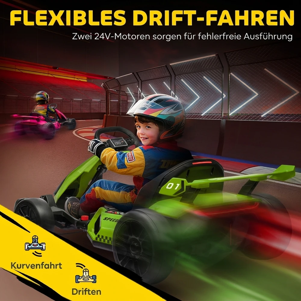Elektrinis vaikiškas kartingas su driftavimo režimu ir reguliuojama sėdyne, žalias ir juodas, 120 × 76 × 53,5 cm
