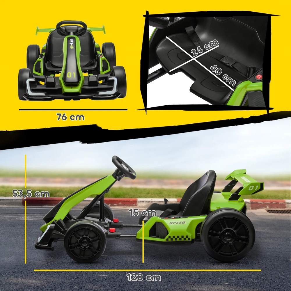 Elektrinis vaikiškas kartingas su driftavimo režimu ir reguliuojama sėdyne, žalias ir juodas, 120 × 76 × 53,5 cm