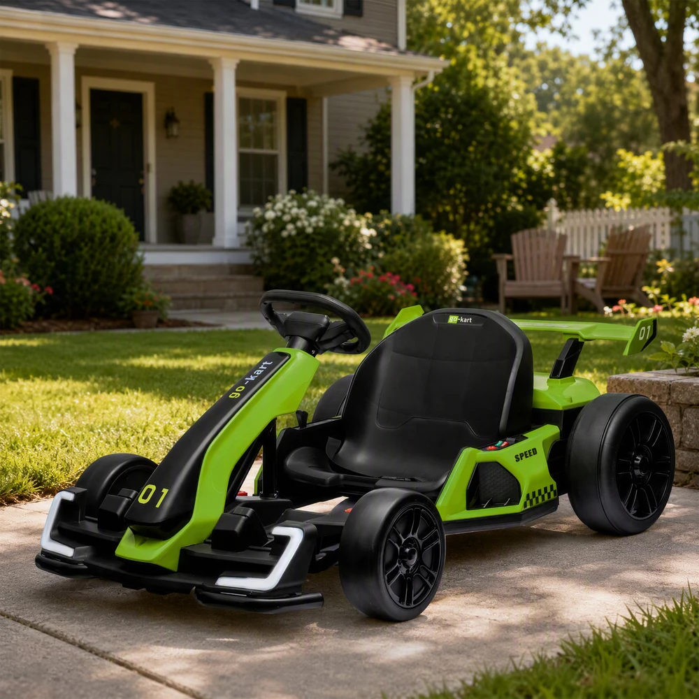 Elektrinis vaikiškas kartingas su driftavimo režimu ir reguliuojama sėdyne, žalias ir juodas, 120 × 76 × 53,5 cm