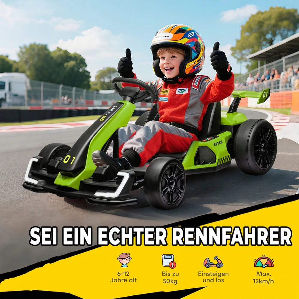Elektrinis vaikiškas kartingas su driftavimo režimu ir reguliuojama sėdyne, žalias ir juodas, 120 × 76 × 53,5 cm