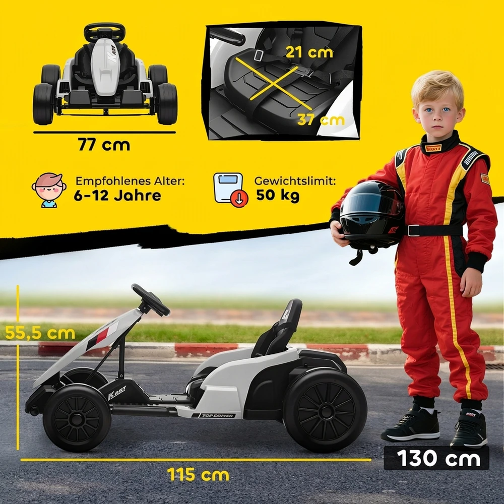 Elektrinis vaikiškas kartingas su galinių ratų pavara ir reguliuojama sėdyne, baltas, 115 × 77 × 55,5 cm