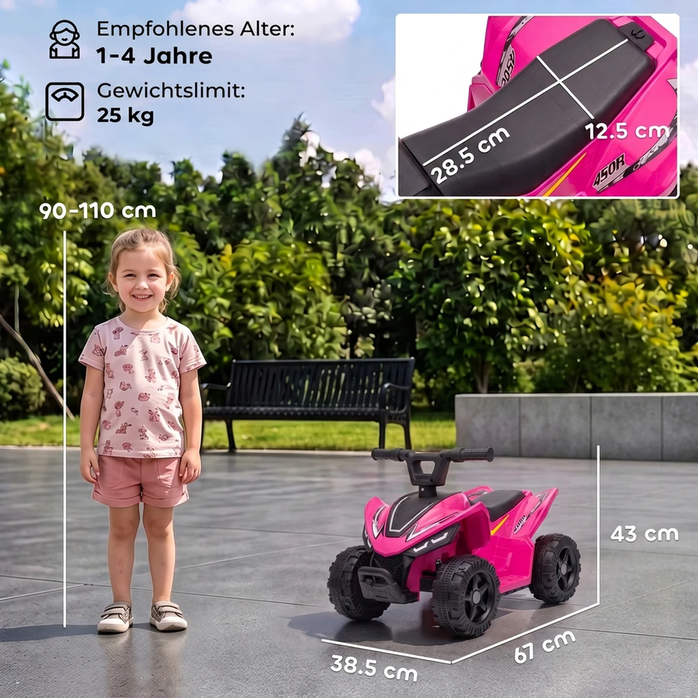 Elektrinis vaikiškas keturratis su ličio akumuliatoriumi ir 20 W varikliu, šviesiai raudonas ir juodas, 67 × 38,5 × 43 cm