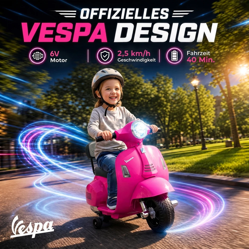 Elektrinis vaikiškas motociklas Mini Vespa GTS su ličio akumuliatoriumi, rožinis, 66,5 × 38 × 52 cm