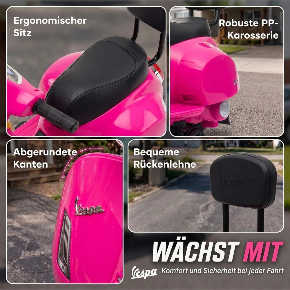 Elektrinis vaikiškas motociklas Mini Vespa GTS su ličio akumuliatoriumi, rožinis, 66,5 × 38 × 52 cm