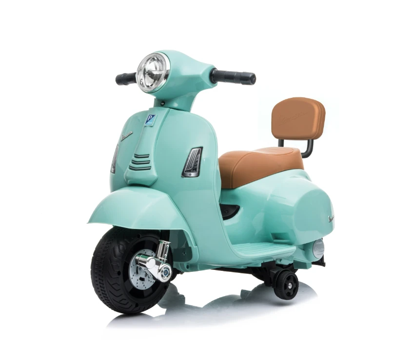 Elektrinis vaikiškas motociklas Mini Vespa GTS dizaino, su atraminiais ratukais, žalias, 66,5 × 38 × 52 cm