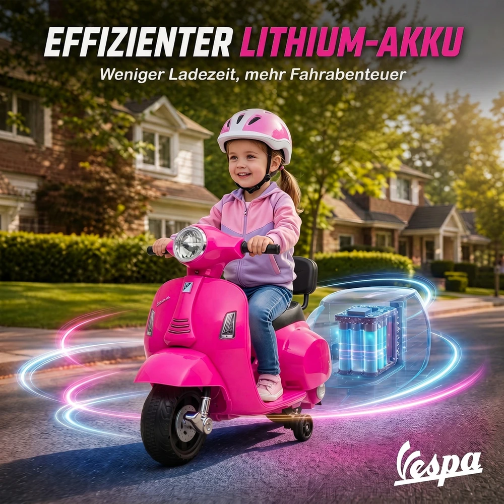 Elektrinis vaikiškas motociklas Mini Vespa GTS su ličio akumuliatoriumi, rožinis, 66,5 × 38 × 52 cm