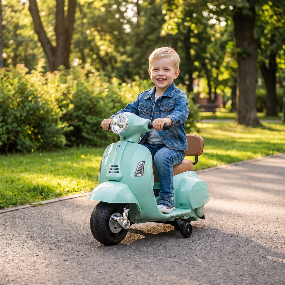 Elektrinis vaikiškas motociklas Mini Vespa GTS dizaino, su atraminiais ratukais, žalias, 66,5 × 38 × 52 cm