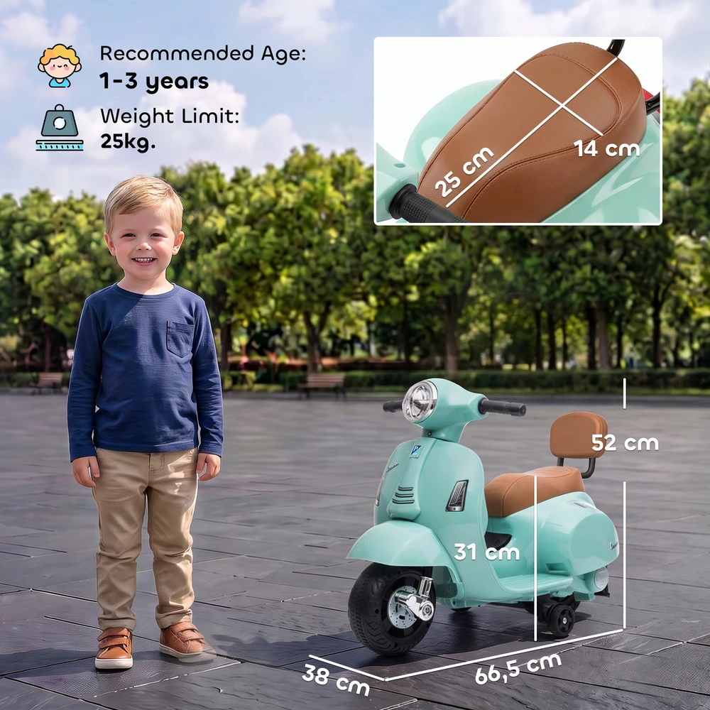 Elektrinis vaikiškas motociklas Mini Vespa GTS dizaino, su atraminiais ratukais, žalias, 66,5 × 38 × 52 cm